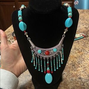 Turquoise and Red Bohemian Necklace